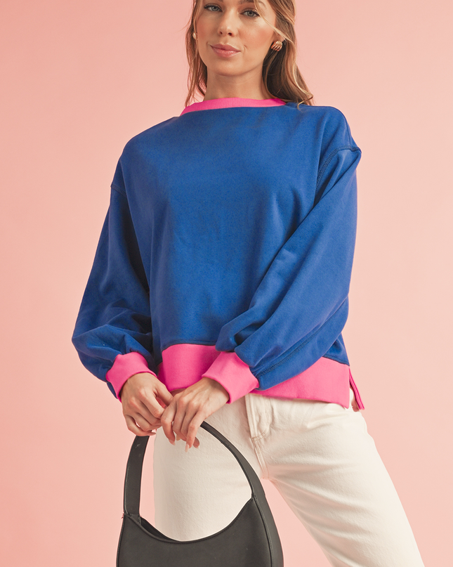 Blue Contrast Trim Bubble Sleeve Sweatshirt