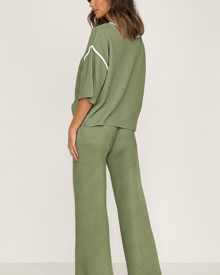Navy Blue Loose Contrast Trim Half Sleeve Top and Drawstring Pants Set