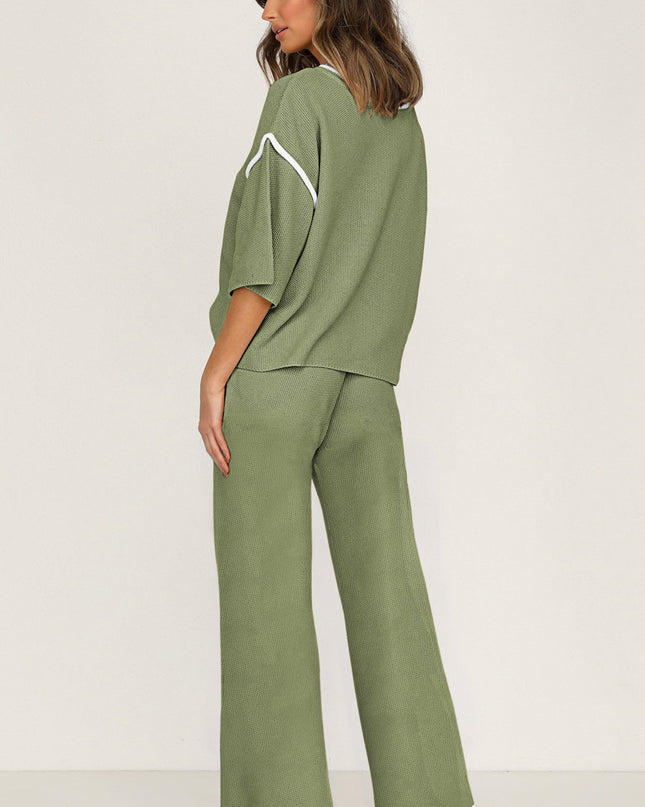 Navy Blue Loose Contrast Trim Half Sleeve Top and Drawstring Pants Set