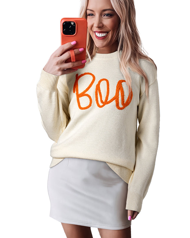 Apricot Halloween Boo Drop Shoulder Knit Sweater