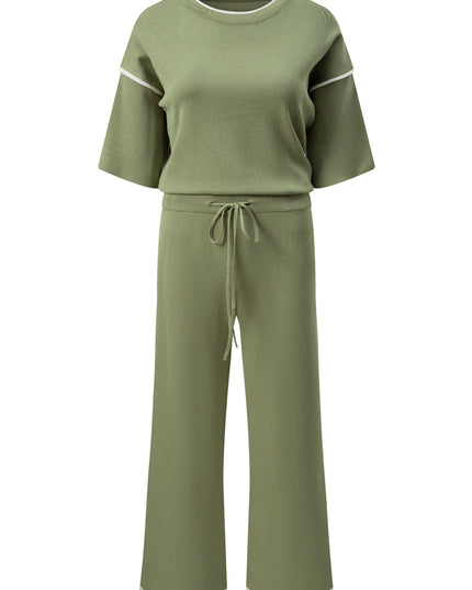 Navy Blue Loose Contrast Trim Half Sleeve Top and Drawstring Pants Set