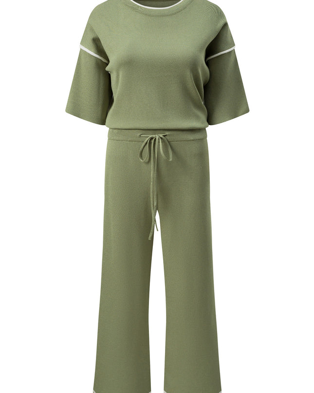 Navy Blue Loose Contrast Trim Half Sleeve Top and Drawstring Pants Set