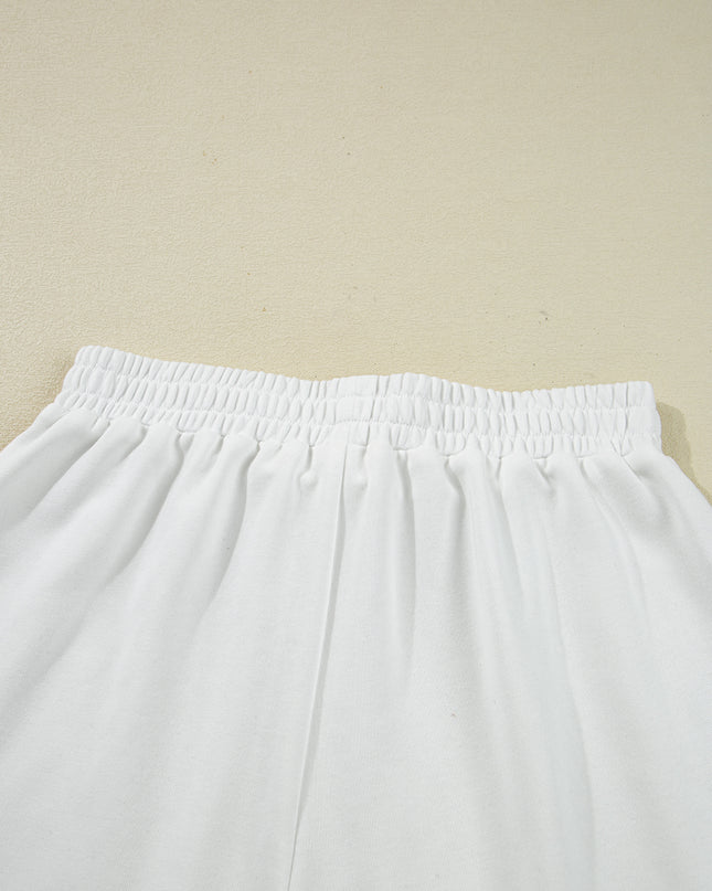 White Striped Ruffle Hem Long Sleeve Pullover and Shorts Set