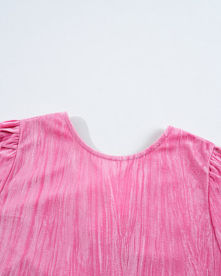 Strawberry Pink Flounce Sleeve Tiered Ruffled Velvet Mini Dress