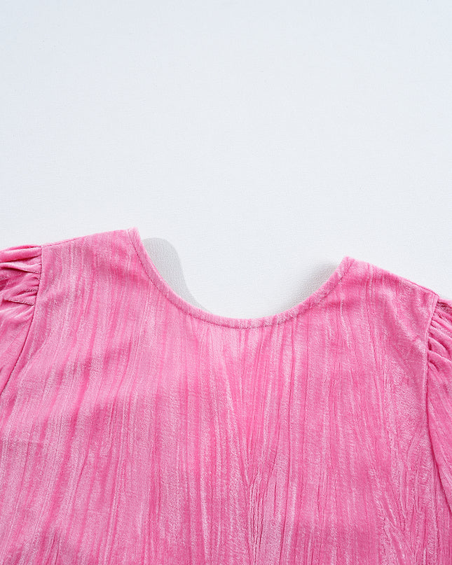 Strawberry Pink Flounce Sleeve Tiered Ruffled Velvet Mini Dress