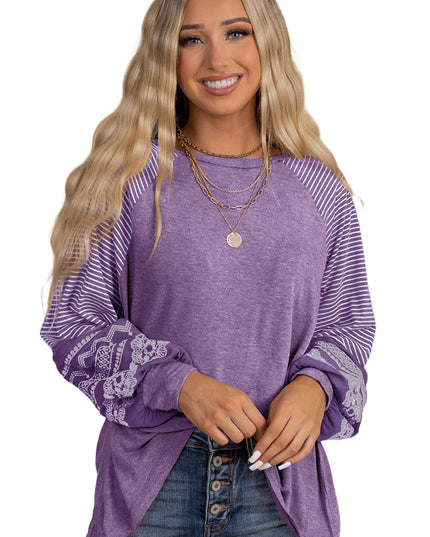 Rose Red Contrast Print Striped Raglan Long Sleeve Loose Top