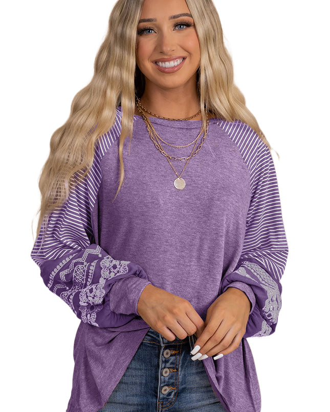 Rose Red Contrast Print Striped Raglan Long Sleeve Loose Top
