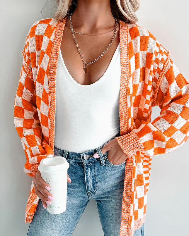 Orange Checkered Open Front Drop Shoulder Cardigan