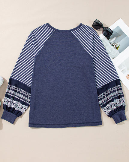 Rose Red Contrast Print Striped Raglan Long Sleeve Loose Top