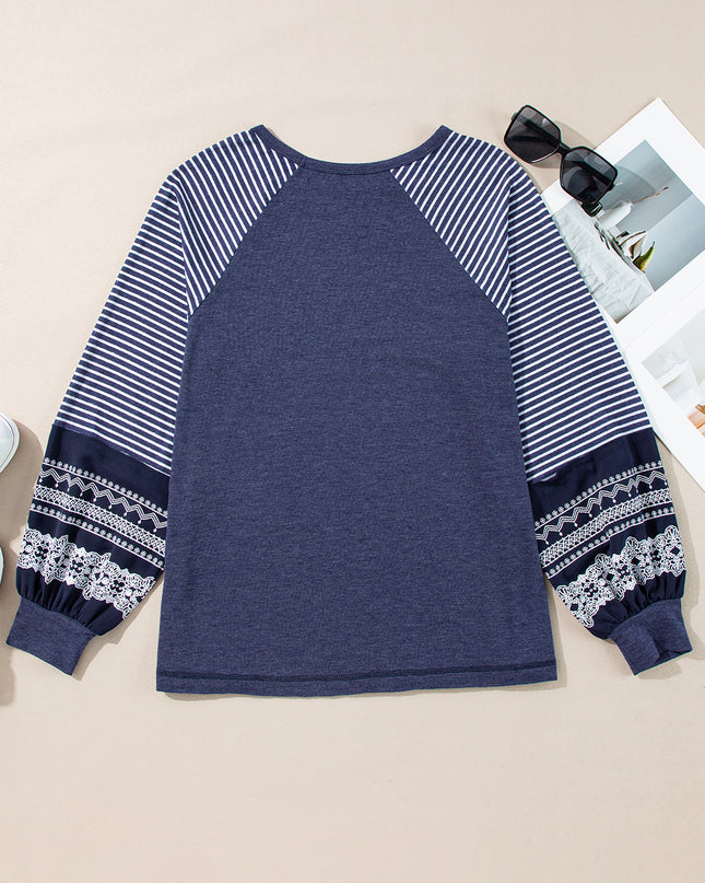 Rose Red Contrast Print Striped Raglan Long Sleeve Loose Top