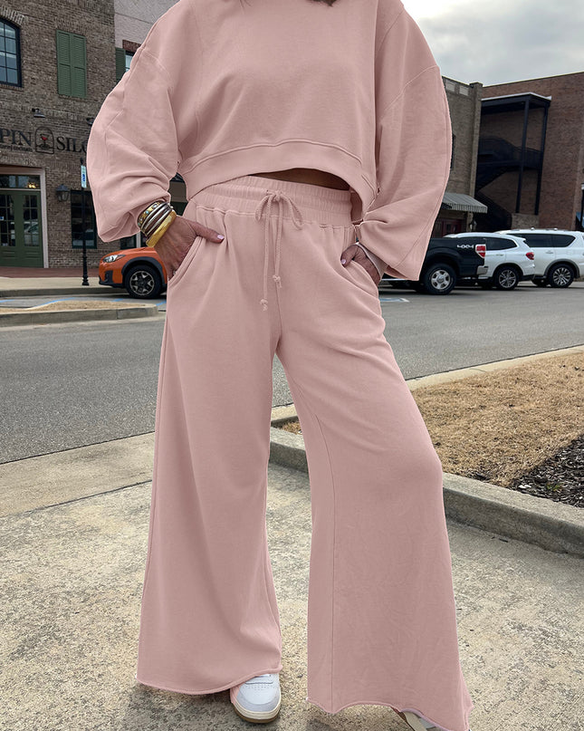 Mist Blue Wide-Leg Lounge Set | Drop Shoulder Crop Pullover & Drawstring Pants