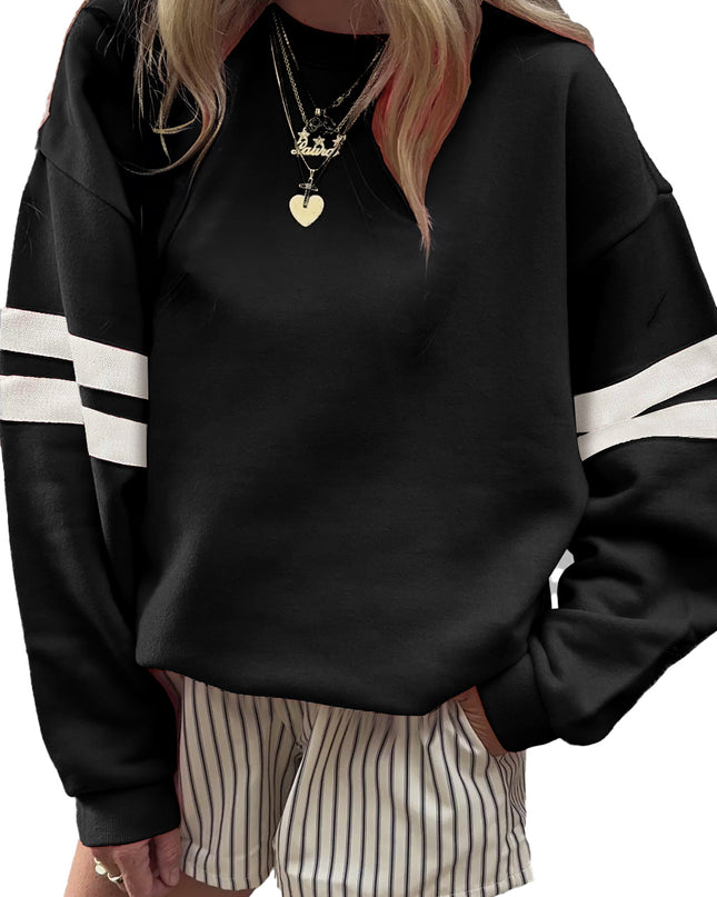 Fiery Red Preppy Striped Sleeve Loose Sweatshirt