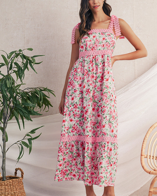 Green Floral Lace Tied Strap Empire Waist Maxi Dress
