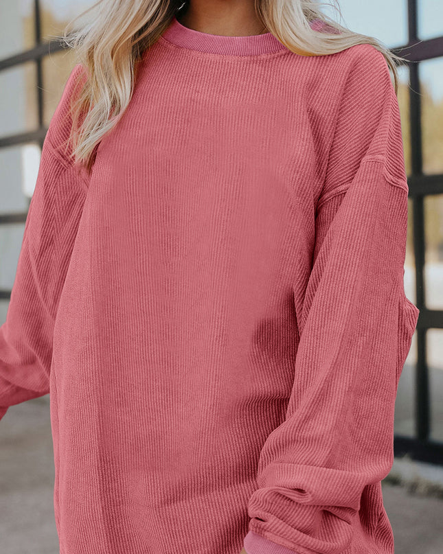 Red Plain Drop Sleeve Rib Knit Oversized Sweatshirt