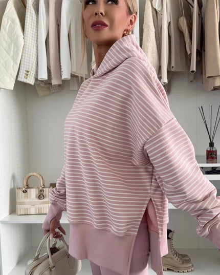 Purple Stripe Thumbhole Side Slits Drop Shoulder Loose Fit Hoodie