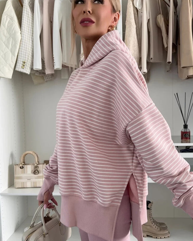 Purple Stripe Thumbhole Side Slits Drop Shoulder Loose Fit Hoodie