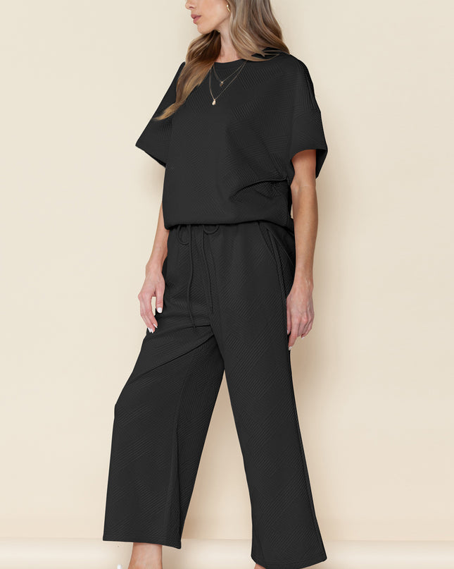 Black Textured Loose Fit T Shirt and Drawstring Pants Set