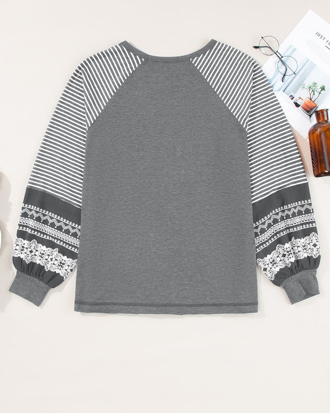 Rose Red Contrast Print Striped Raglan Long Sleeve Loose Top