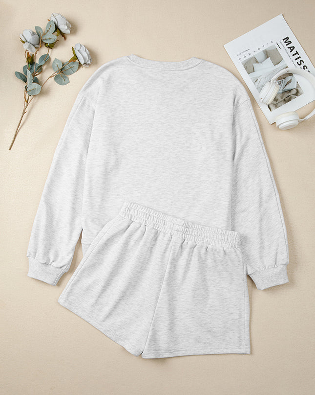 Light Grey Bow Embroidery Long Sleeve Pullover and High Waist Shorts Set