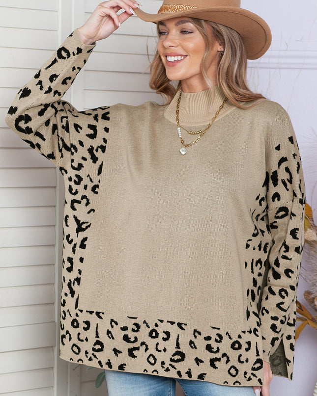 Khaki Leopard Casual Side Slit High Neck Oversized Sweater