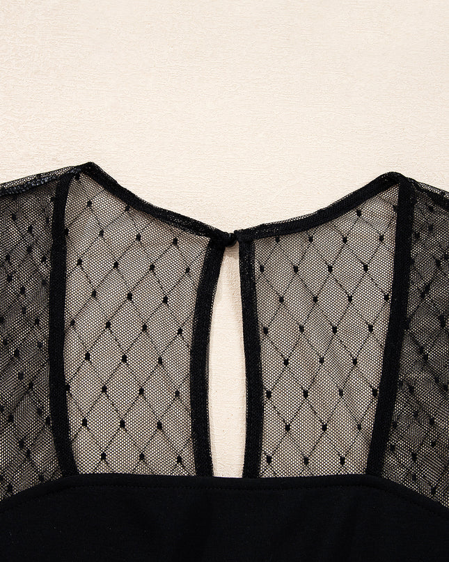 Black Polka Dot Mesh Long Sleeve Square Neck Bodysuit
