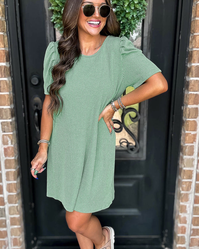 Blossom Corded Crew Neck Puff Sleeve Mini Dress