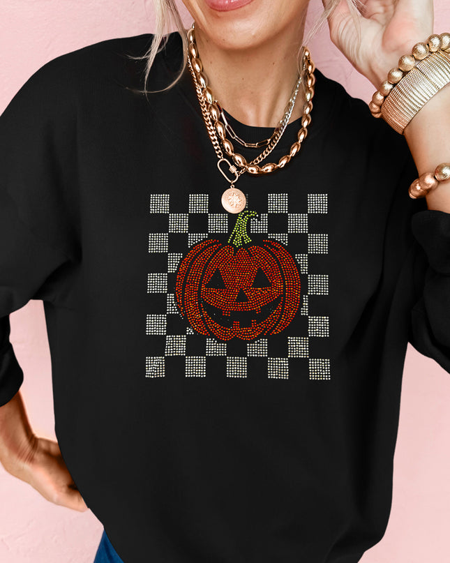 Black Rhinestone Jack-o-lantern Checkered Graphic Halloween Sweatshirt