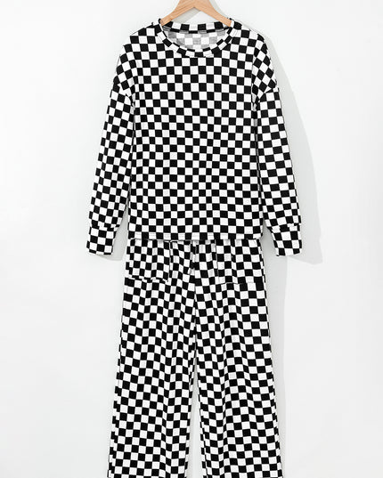 Beige Checkered Print Long Sleeve Loose Fit Pajama Set