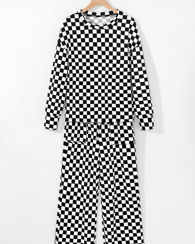 Beige Checkered Print Long Sleeve Loose Fit Pajama Set