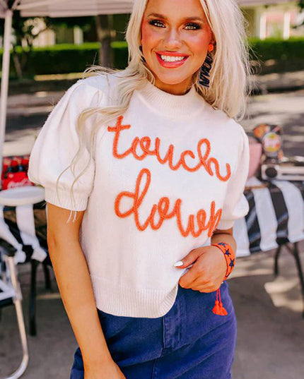 White Touchdown Puff Sleeve Sweater – Game Day Football Graphic Top