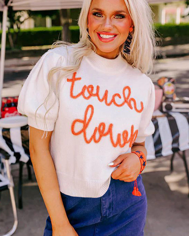 White Touchdown Puff Sleeve Sweater – Game Day Football Graphic Top