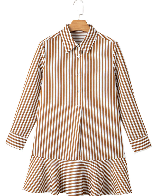 Brown Stripe Ruffle Hem Collared Long Sleeve Shirt Mini Dress