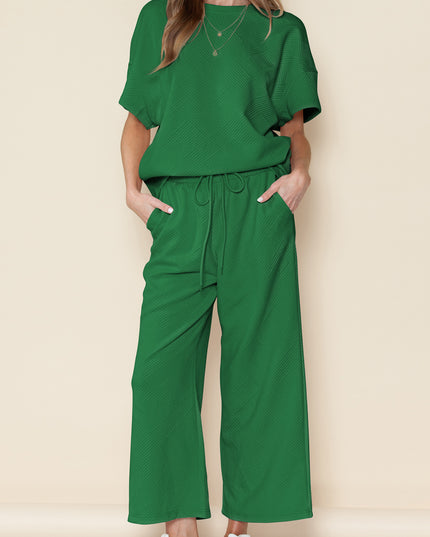 Black Textured Loose Fit T Shirt and Drawstring Pants Set
