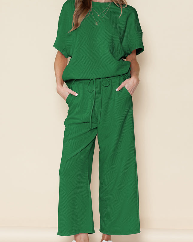 Black Textured Loose Fit T Shirt and Drawstring Pants Set