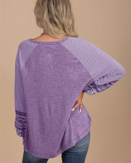 Rose Red Contrast Print Striped Raglan Long Sleeve Loose Top