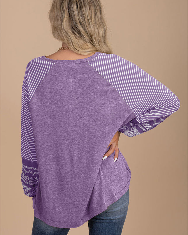 Rose Red Contrast Print Striped Raglan Long Sleeve Loose Top