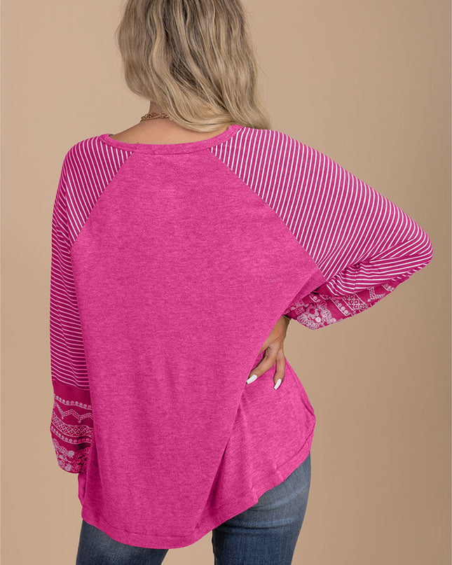 Rose Red Contrast Print Striped Raglan Long Sleeve Loose Top