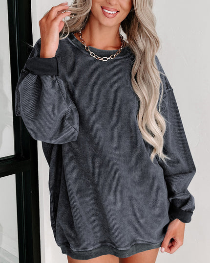 Green Ribbed Round Neck Drop Sleeve Pullover Sweatshirt