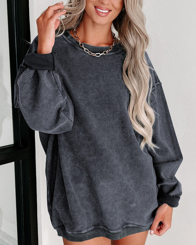Green Ribbed Round Neck Drop Sleeve Pullover Sweatshirt