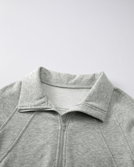 Black Zip Up Stand Collar Ribbed Thumbhole Sleeve Sweatshirt