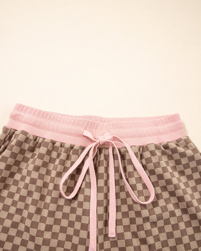Sky Blue Checkerboard Contrast Trim Long Sleeve Pullover and Shorts Set