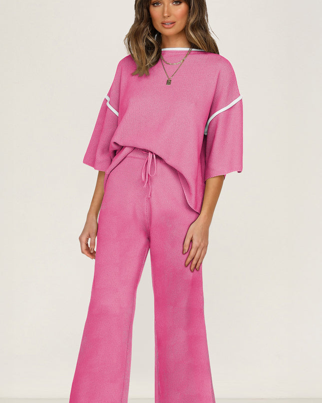 Navy Blue Loose Contrast Trim Half Sleeve Top and Drawstring Pants Set