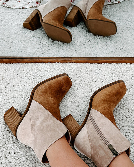 Camel Two Tone Faux Suede Square Toe Chunky Heel Boots