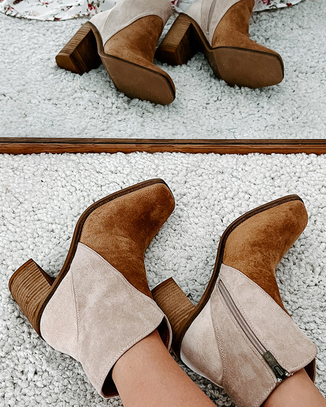 Camel Two Tone Faux Suede Square Toe Chunky Heel Boots