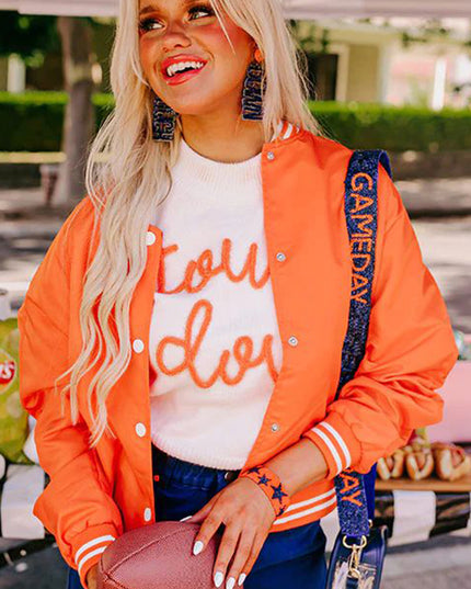 White Touchdown Puff Sleeve Sweater – Game Day Football Graphic Top