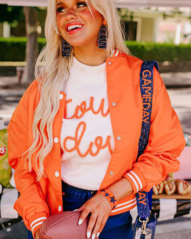White Touchdown Puff Sleeve Sweater – Game Day Football Graphic Top