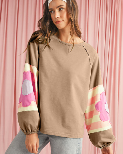 Smoke Green Flower Patchwork Exposed Seam Raglan Sleeve Top