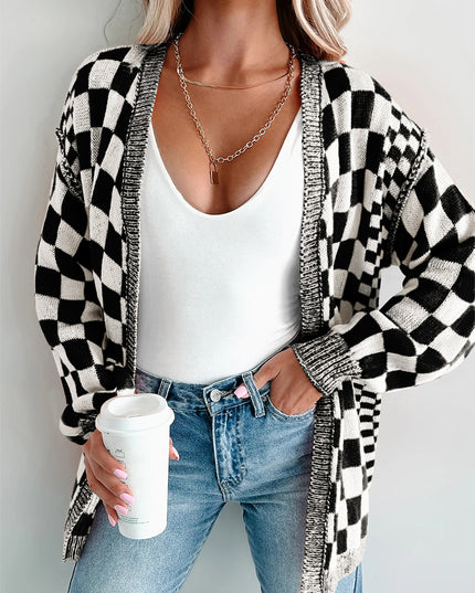 Orange Checkered Open Front Drop Shoulder Cardigan