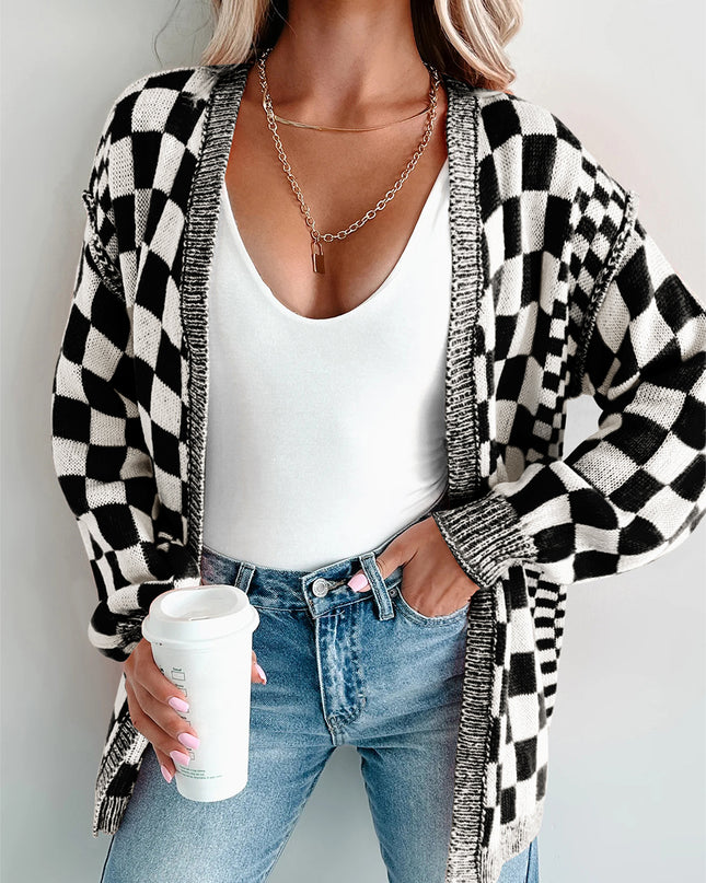 Orange Checkered Open Front Drop Shoulder Cardigan