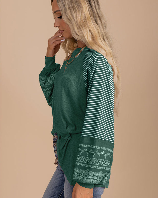 Rose Red Contrast Print Striped Raglan Long Sleeve Loose Top